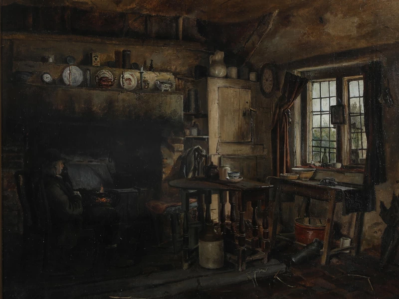 1825-Jacob Kornerup - Interno di una grande cucina, con un gentiluomo seduto accanto al camino - 1880